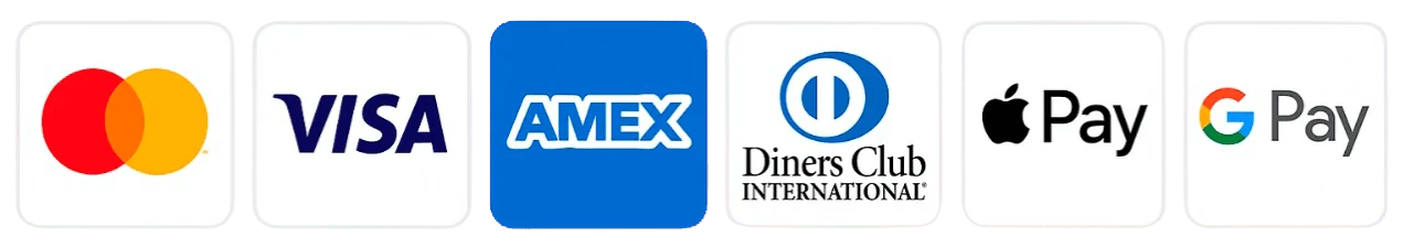 Accepted payment methods including Visa, Mastercard, American Express and Apple Pay