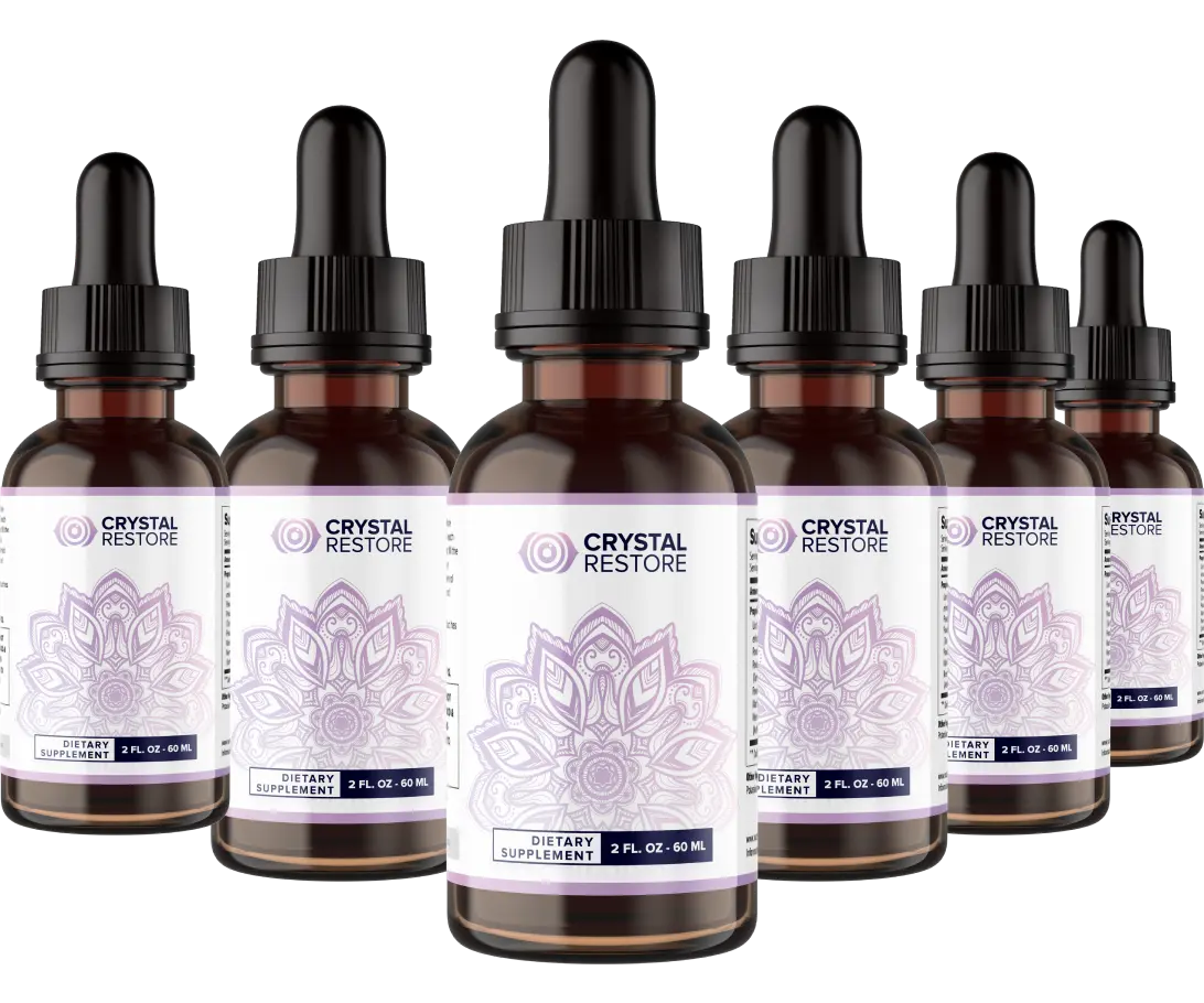 Six-bottle package of Crystal Restore nootropic liquid drops